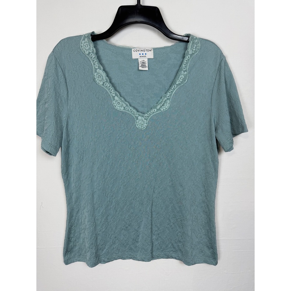 Covington Floral Jacquard Lace V-Neck Top Womens Large Blue Green Short Sleeve